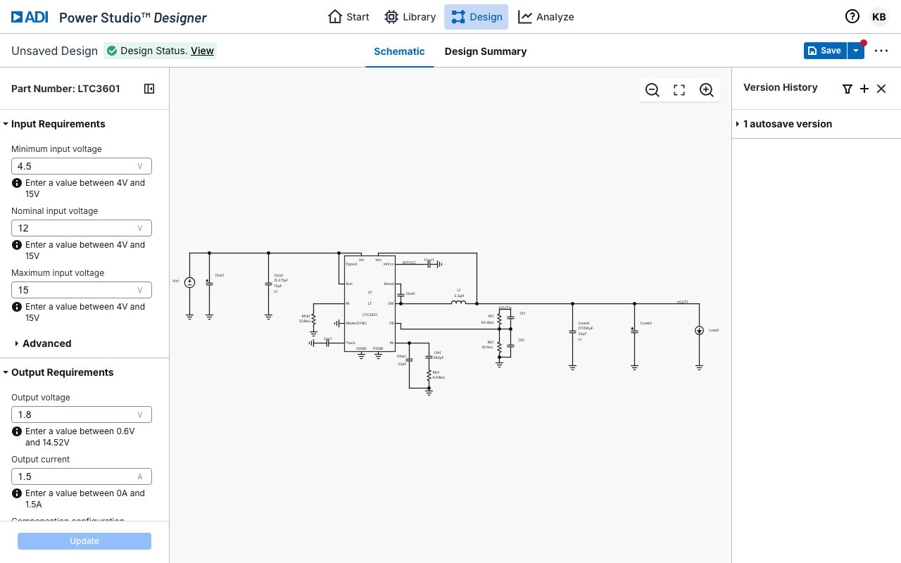 Loaded design with full schematic and requirements sidebar
